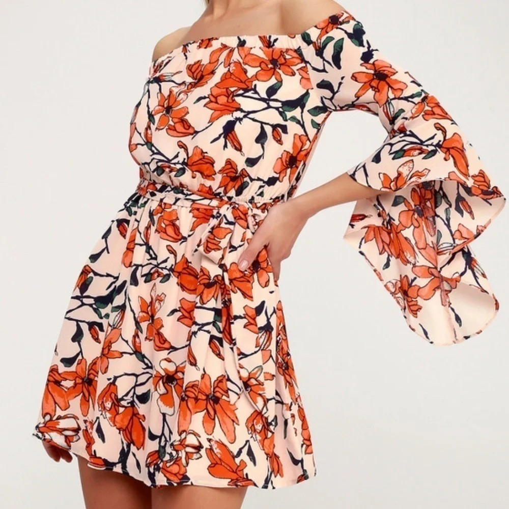 Lulu's Blushing Blooms Nude Floral Print Off-the-Shoulder Dress